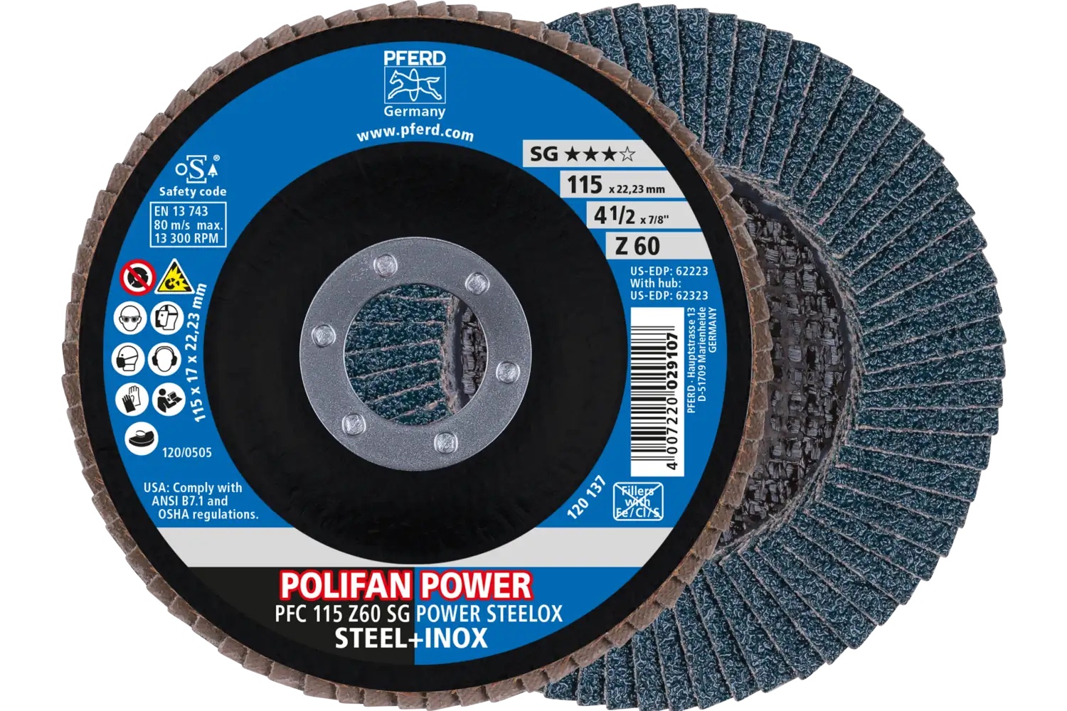 Picture of Pferd Flap Disc, 4-1/2" x 7/8, Z SG Power Steelox, 60 Grit, T29, Conical, Zirconia